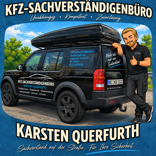 Illustration von Karsten Querfurth neben seinem schwarzen Land Rover Discovery mit Dachbox, mit der Aufschrift Kfz-Sachverständigenbüro Karsten Querfurth.